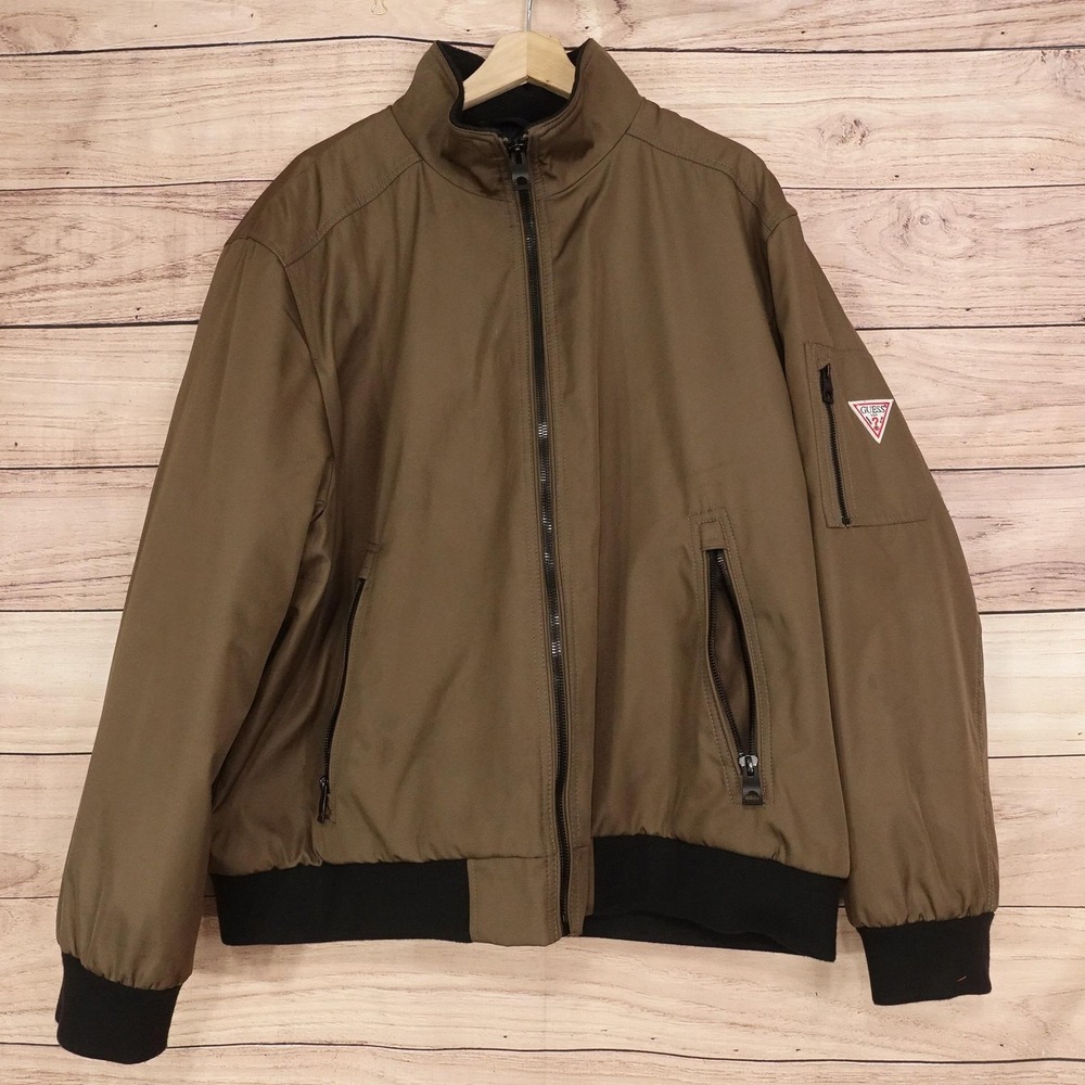 Guess Jacket Mens 2XL Brown Bomber Quilted Lined Full Zip Logo Pockets Insulated